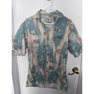 Windham Pointe Mens Medium Tropical Palm Tree Sailboat Cotton Button Up Shirt